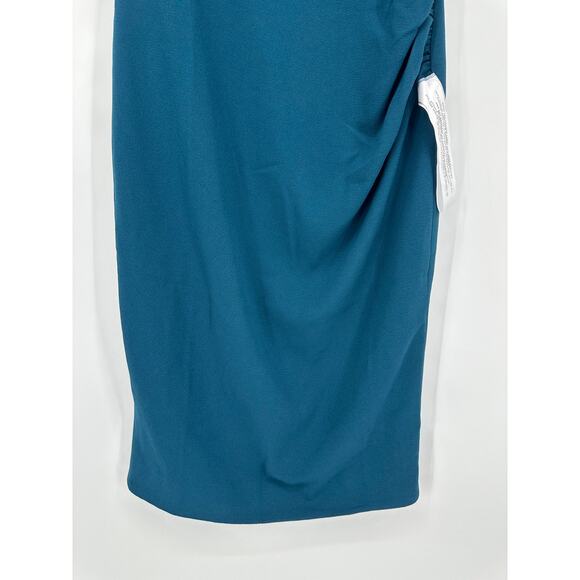Dress The Population Anita Midi Dress V-Neck Ruched Crepe Sheath, Peacock Blue - Picture 8 of 16